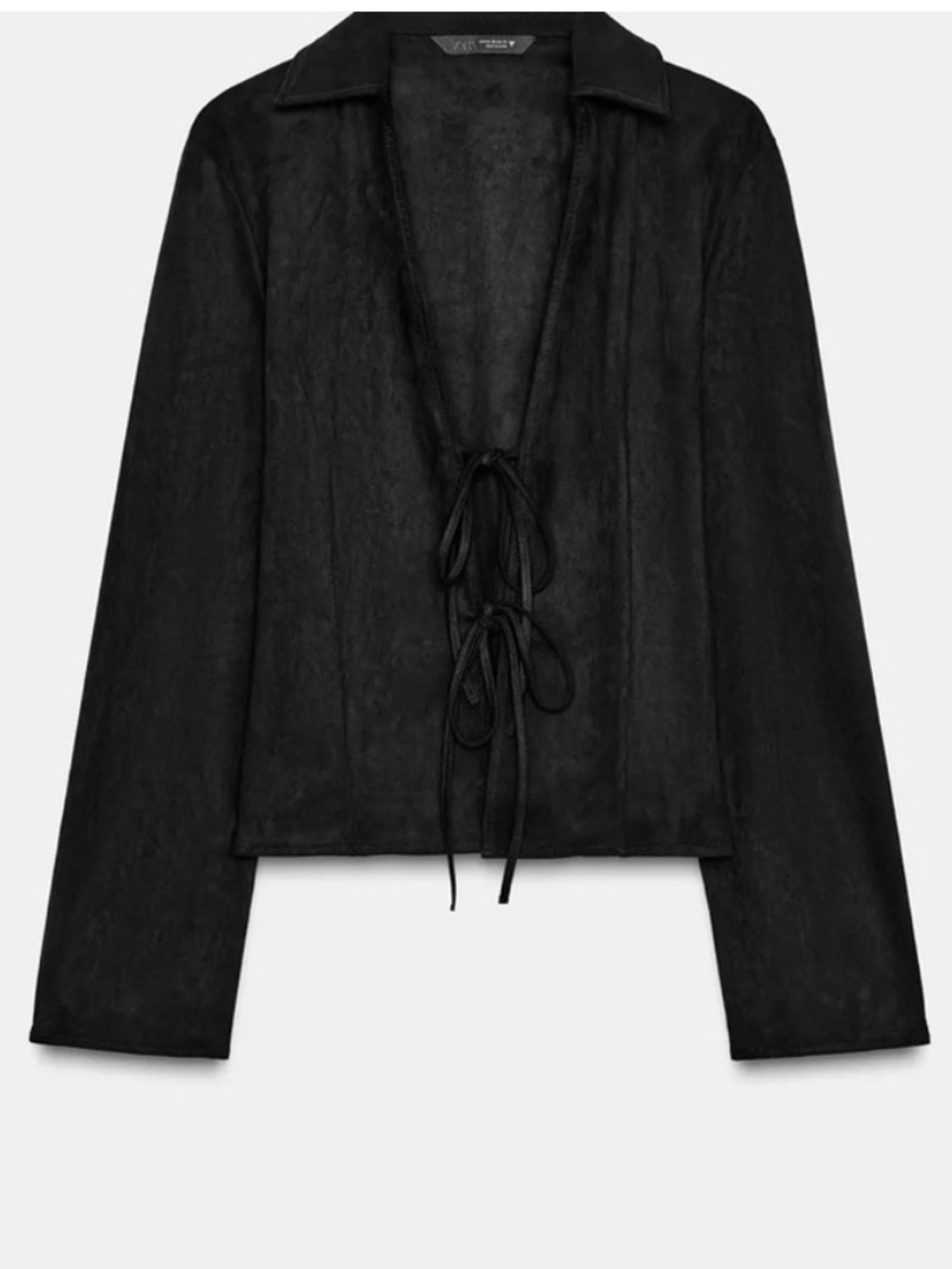 Zara Faux Suede Front Tie Long Sleeve Top Black Size S NWT